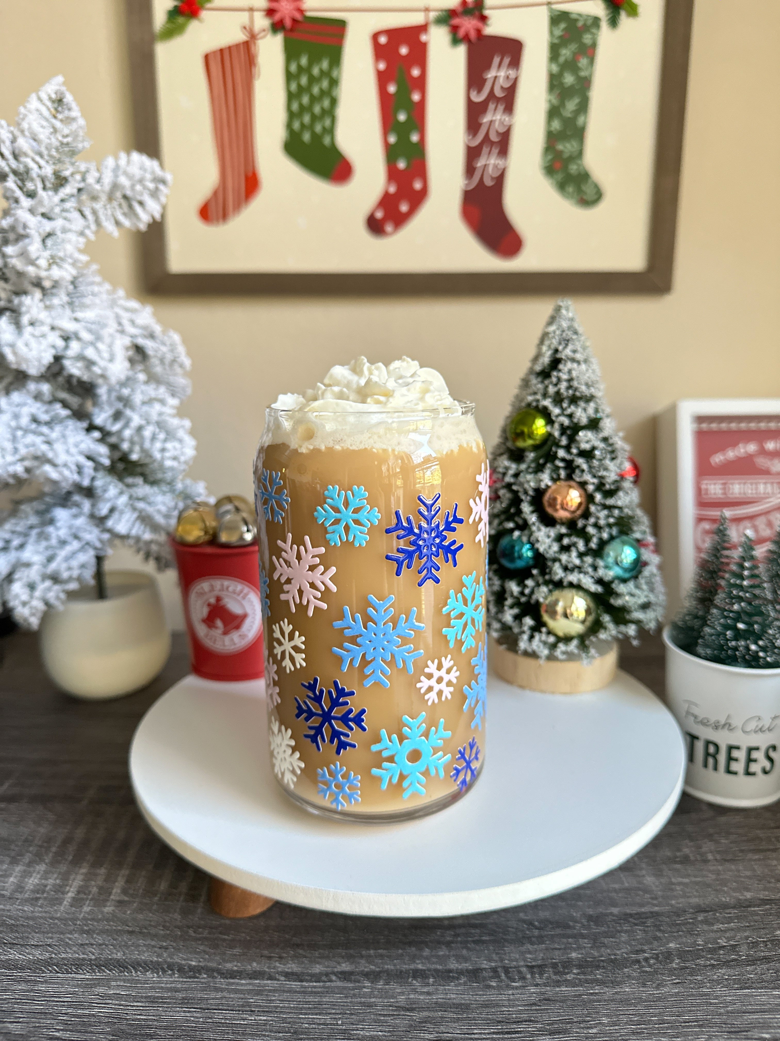 Blue Tone Snowflakes Christmas Libbey Glass Can Cups – 16oz Holiday Glass | Iced Coffee Cup Gift