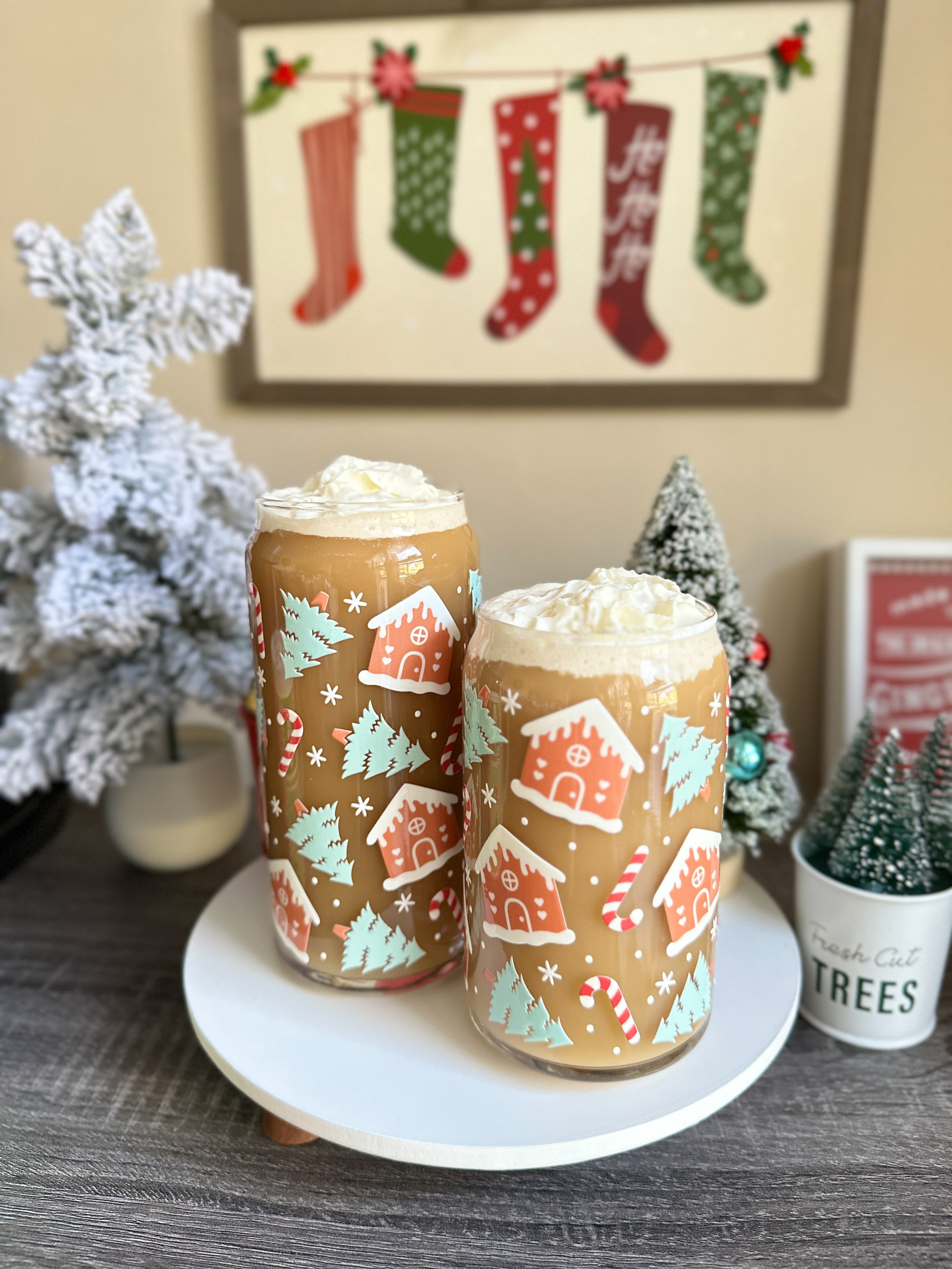 Gingerbread Trees Christmas Libbey Glass Can Cup – 16oz & 20oz Holiday Glass | Iced Coffee Cup GIft