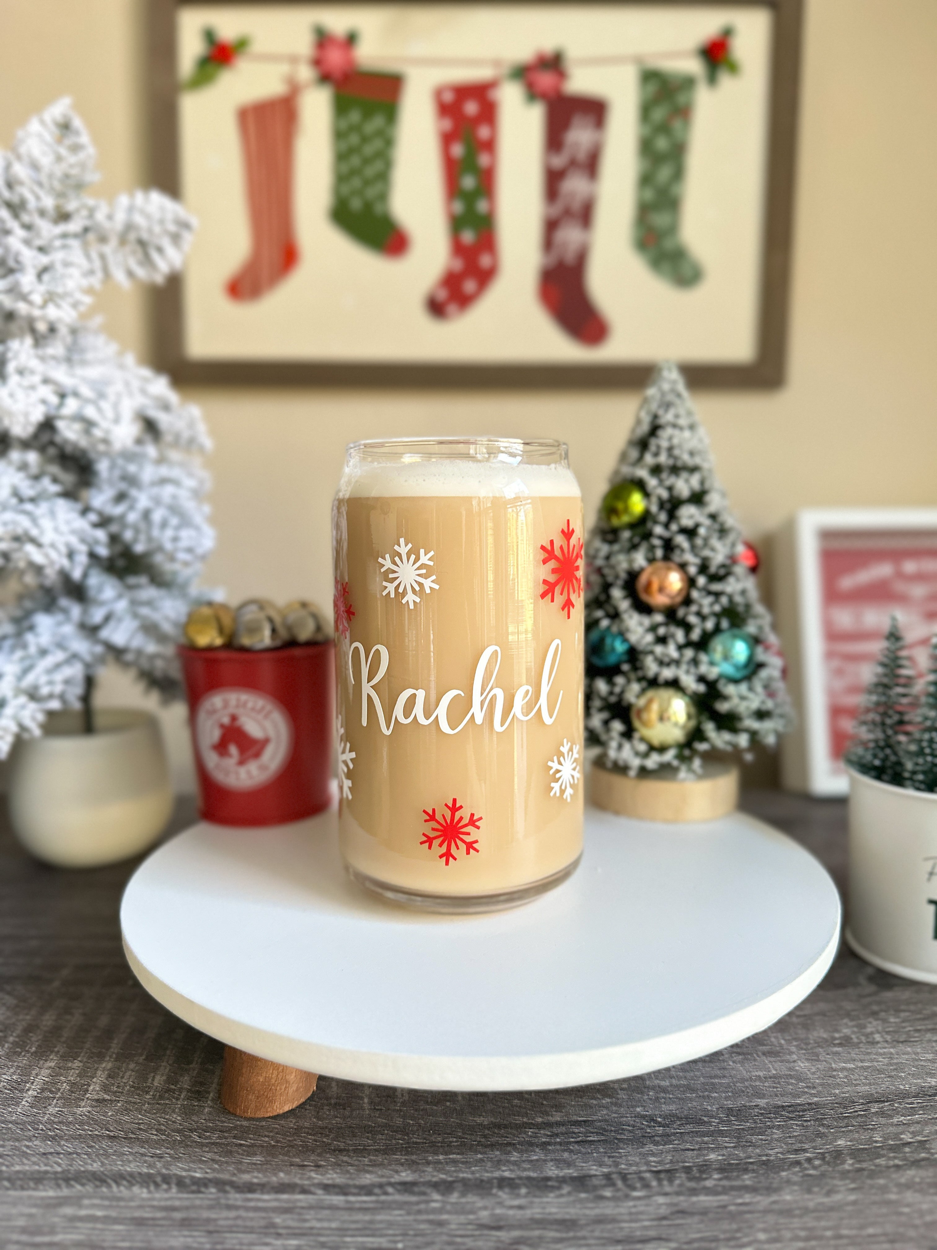 Personalized Christmas Glass Tumbler – Custom Snowflake Cup with Name or Title | Holiday Iced Coffee Cup with Bamboo Lid, Glass Straw & Ribbon Gift