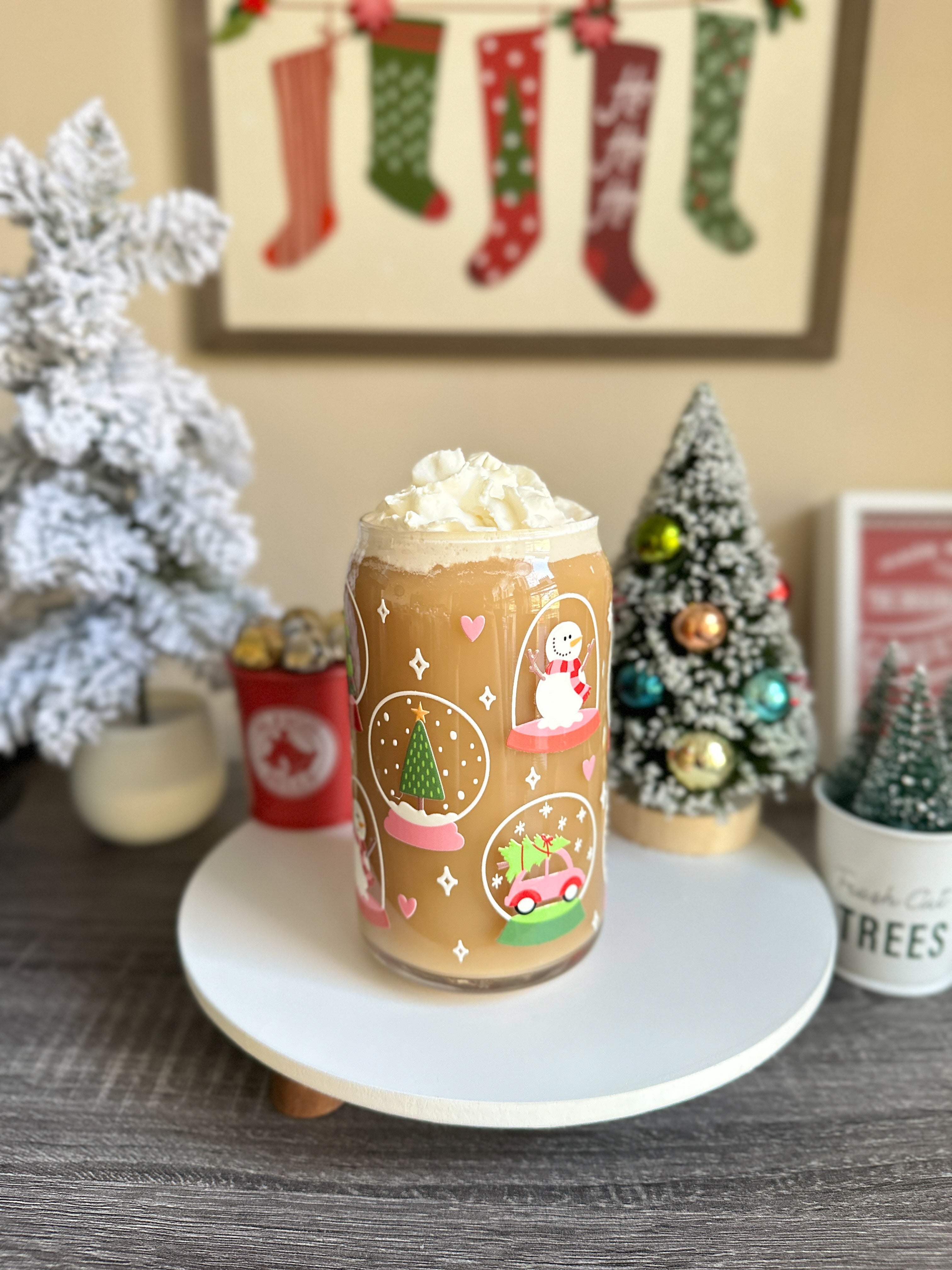 Snowglobes Christmas Libbey Glass Can Cups – 16oz Holiday Glass | Iced Coffee Cup Gift