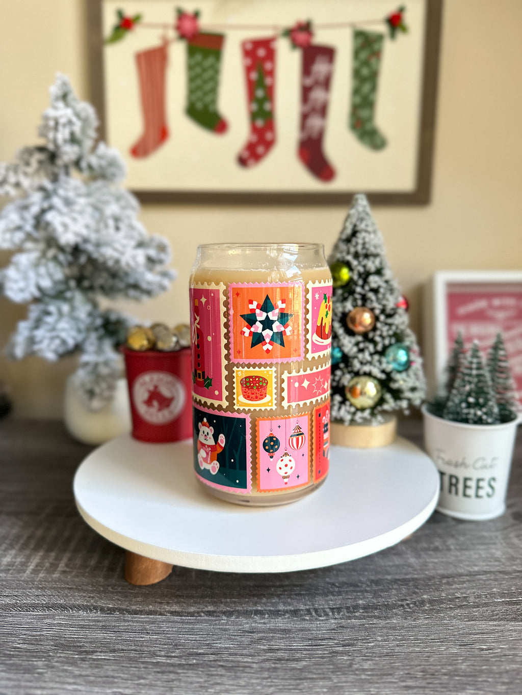 Stamps Christmas Libbey Glass Can Cups – 16oz Holiday Glass | Iced Coffee Cup Gift