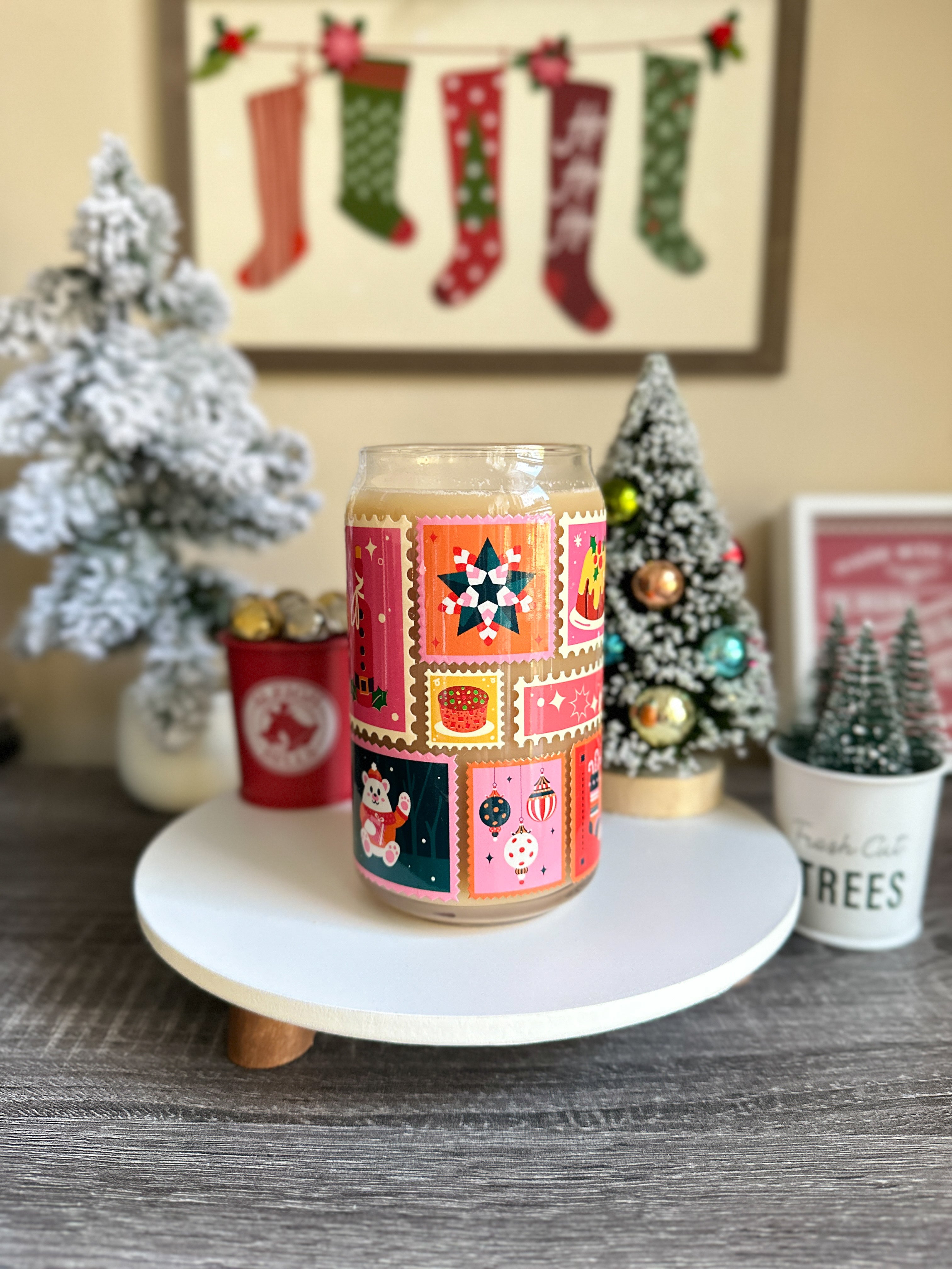 Stamps Christmas Libbey Glass Can Cups – 16oz Holiday Glass | Iced Coffee Cup Gift