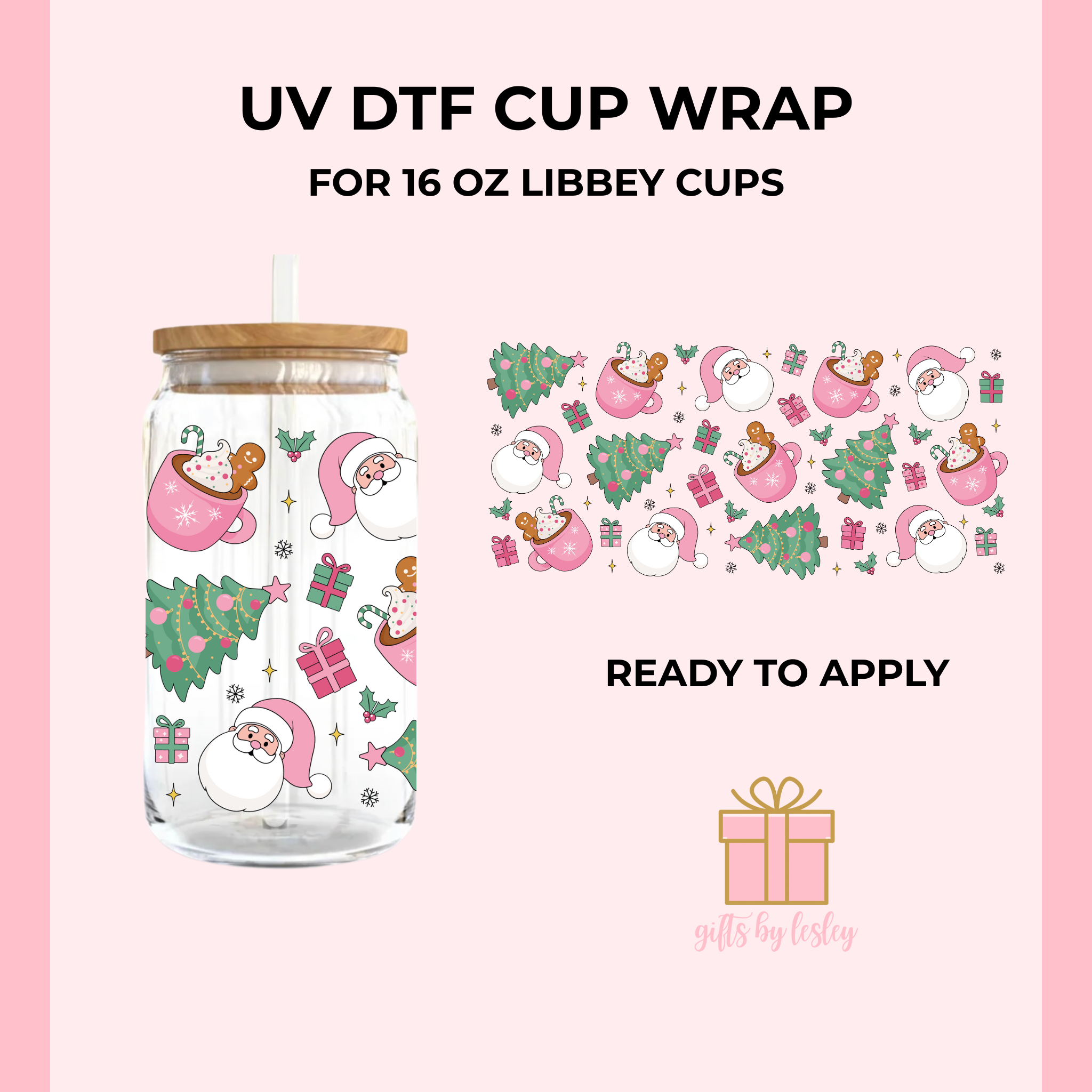 Pink Christmas Things Christmas UV DTF Cup Wrap – Ready to Apply Wrap for 16oz Libbey Glass Cans | Holiday Cup Decal (Wrap Only)