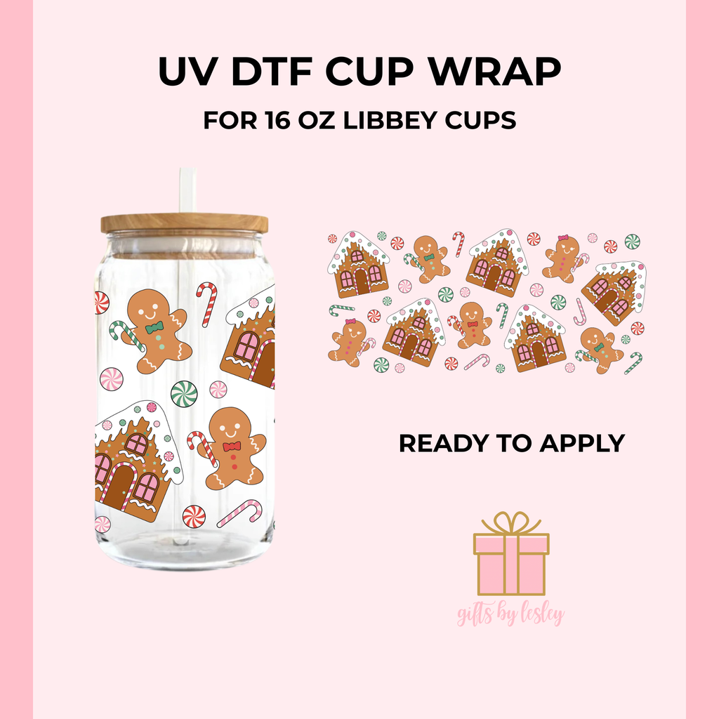 Gingerbread Christmas UV DTF Cup Wrap – Ready to Apply Wrap for 16oz Libbey Glass Cans | Holiday Cup Decal (Wrap Only)
