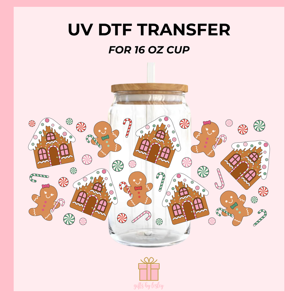 Gingerbread Christmas UV DTF Cup Wrap – Ready to Apply Wrap for 16oz Libbey Glass Cans | Holiday Cup Decal (Wrap Only)