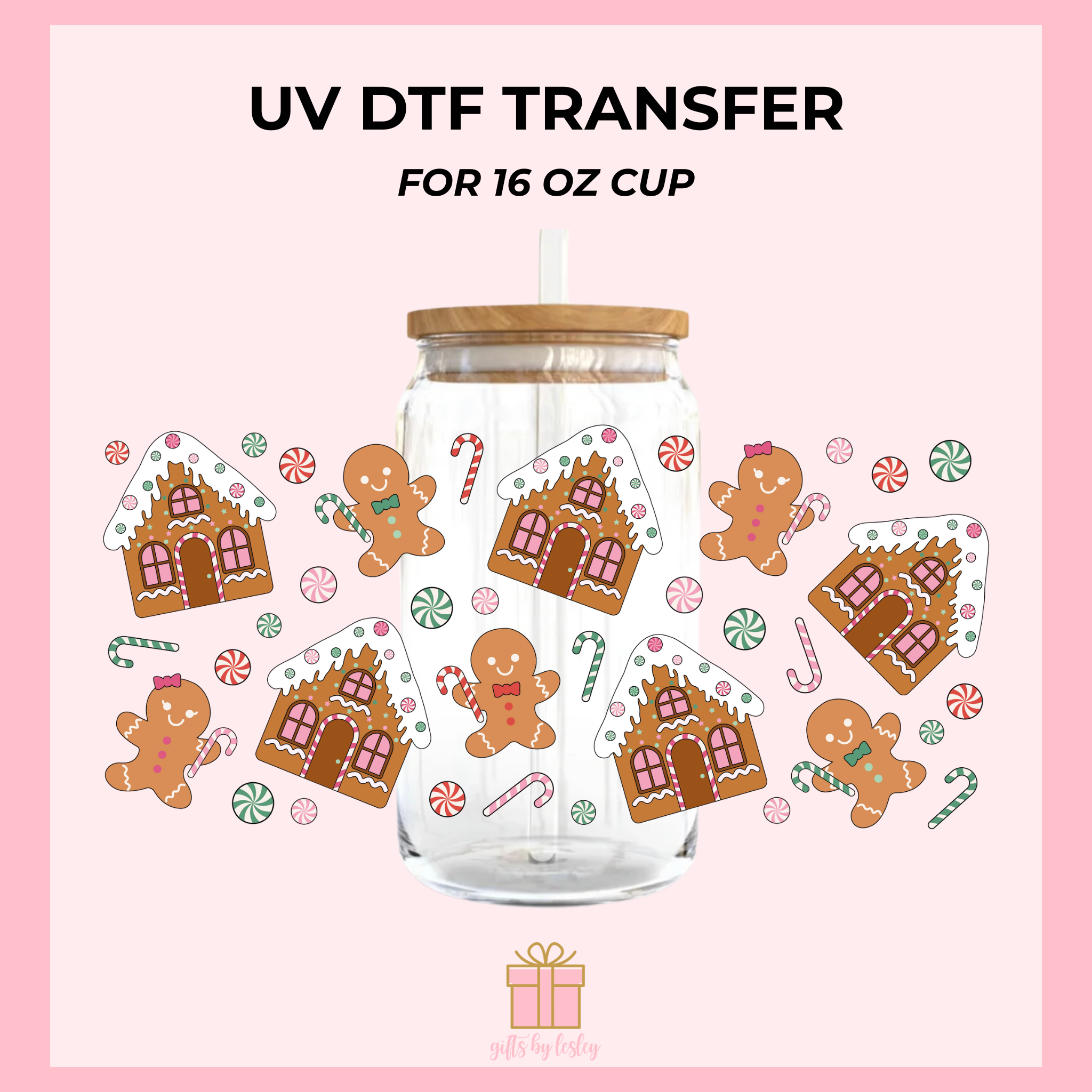 Gingerbread Christmas UV DTF Cup Wrap – Ready to Apply Wrap for 16oz Libbey Glass Cans | Holiday Cup Decal (Wrap Only)