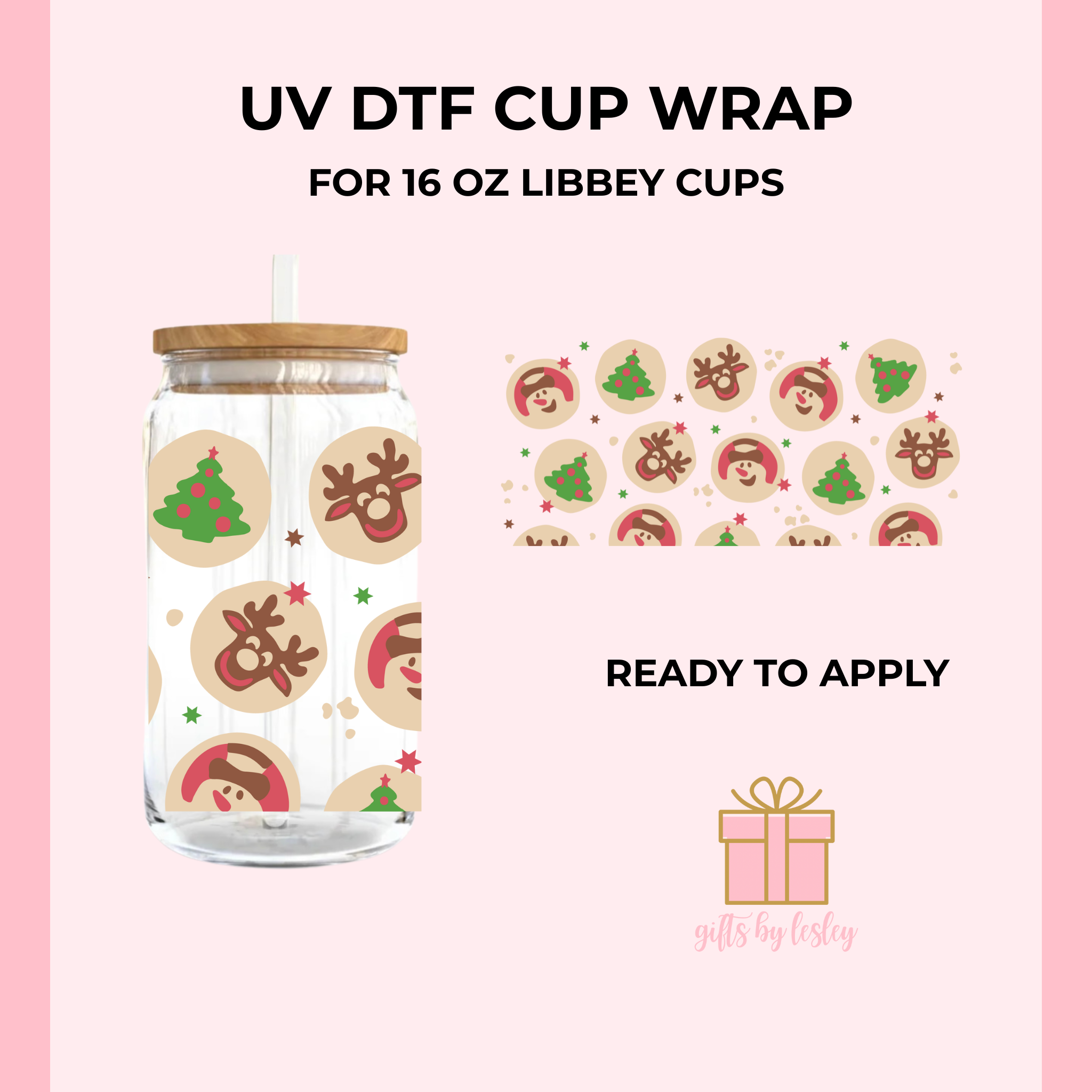 Sugar Cookies Christmas UV DTF Cup Wrap – Ready to Apply Wrap for 16oz Libbey Glass Cans | Holiday Cup Decal (Wrap Only)