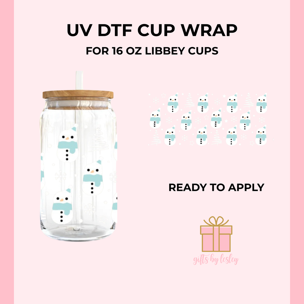 Blue Snowman Christmas UV DTF Cup Wrap – Ready to Apply Wrap for 16oz Libbey Glass Cans | Holiday Cup Decal (Wrap Only)