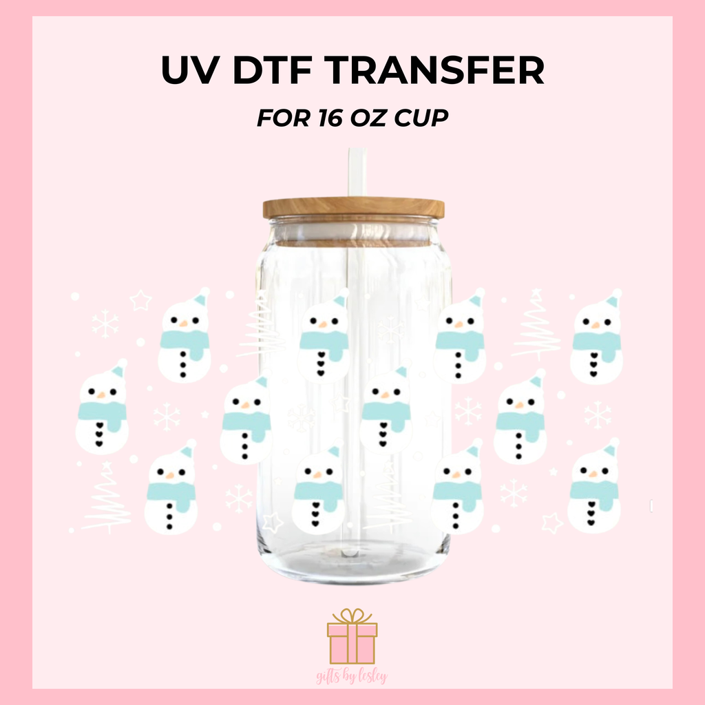 Blue Snowman Christmas UV DTF Cup Wrap – Ready to Apply Wrap for 16oz Libbey Glass Cans | Holiday Cup Decal (Wrap Only)