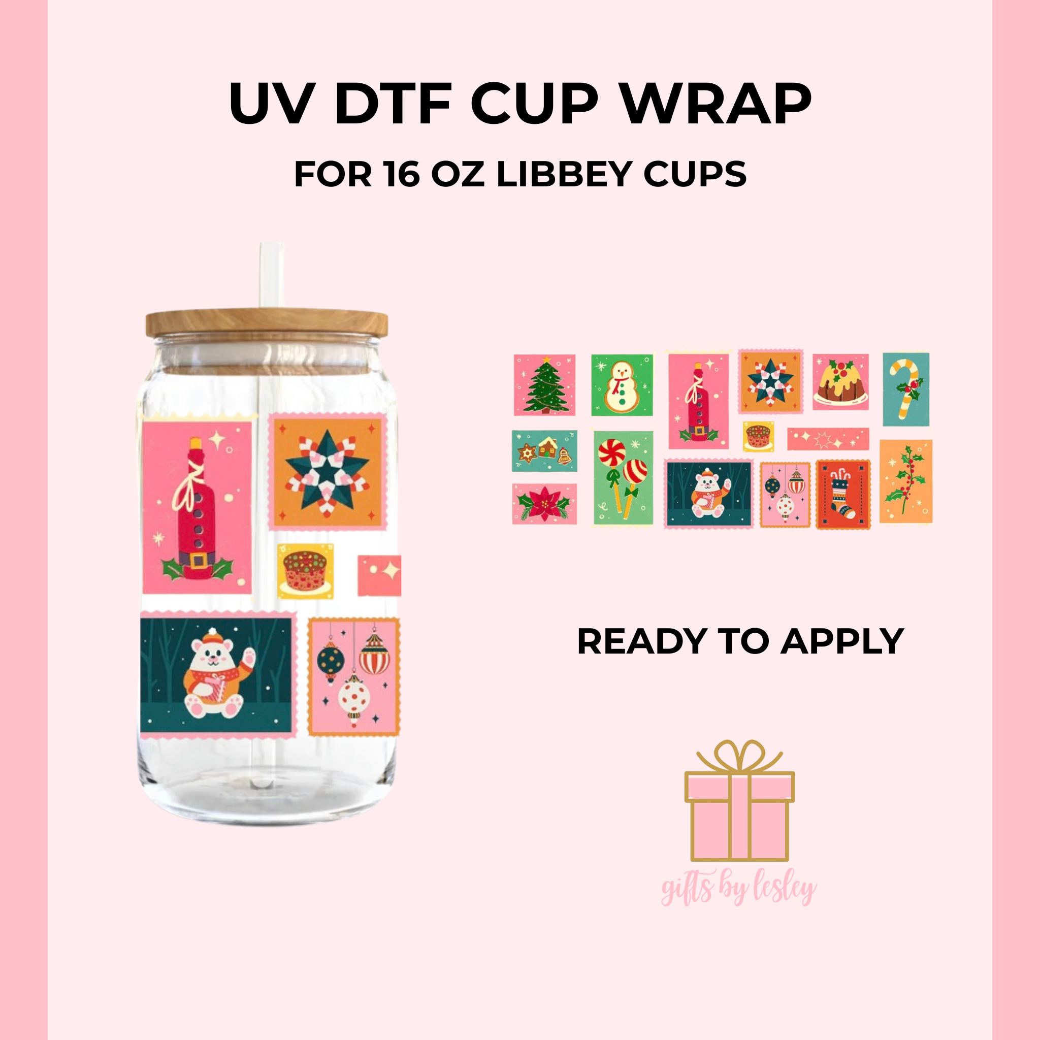 Christmas Stamps Christmas UV DTF Cup Wrap – Ready to Apply Wrap for 16oz Libbey Glass Cans | Holiday Cup Decal (Wrap Only)