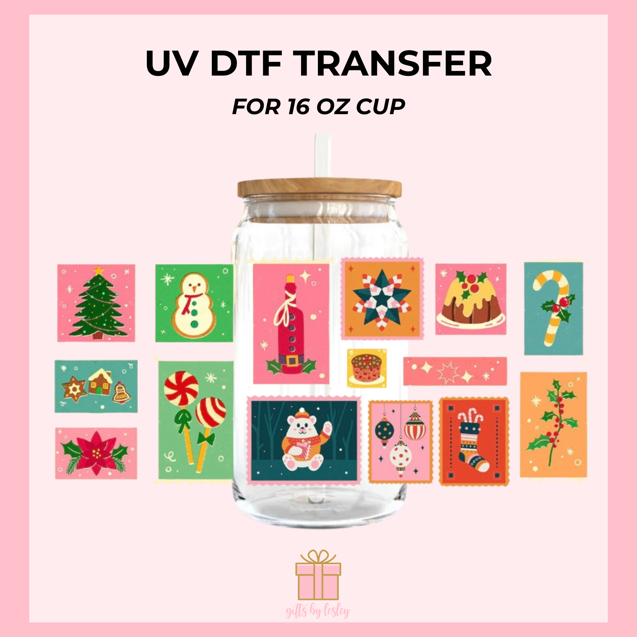 Christmas Stamps Christmas UV DTF Cup Wrap – Ready to Apply Wrap for 16oz Libbey Glass Cans | Holiday Cup Decal (Wrap Only)