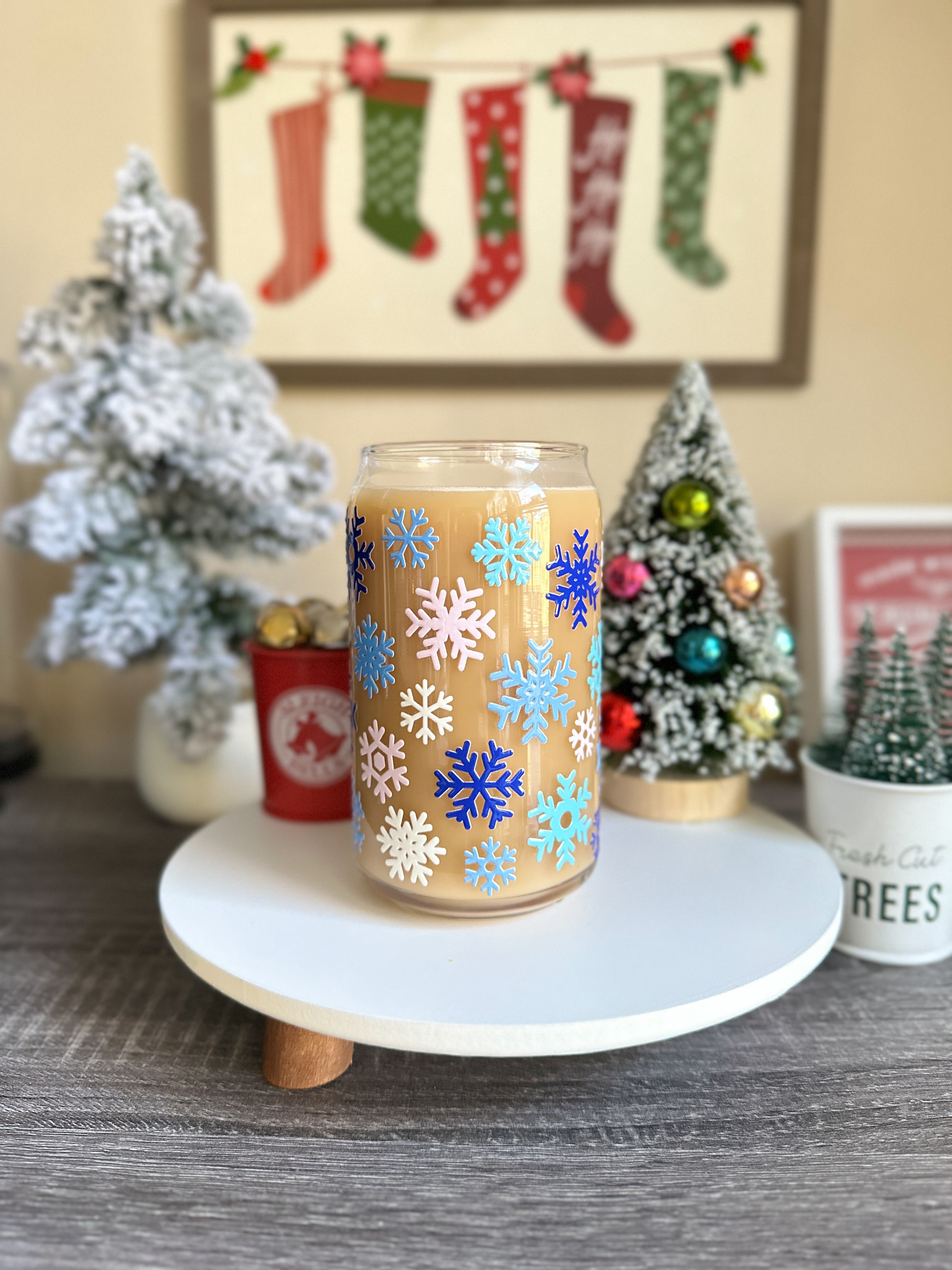 Blue Tone Snowflakes Christmas Libbey Glass Can Cups – 16oz Holiday Glass | Iced Coffee Cup Gift