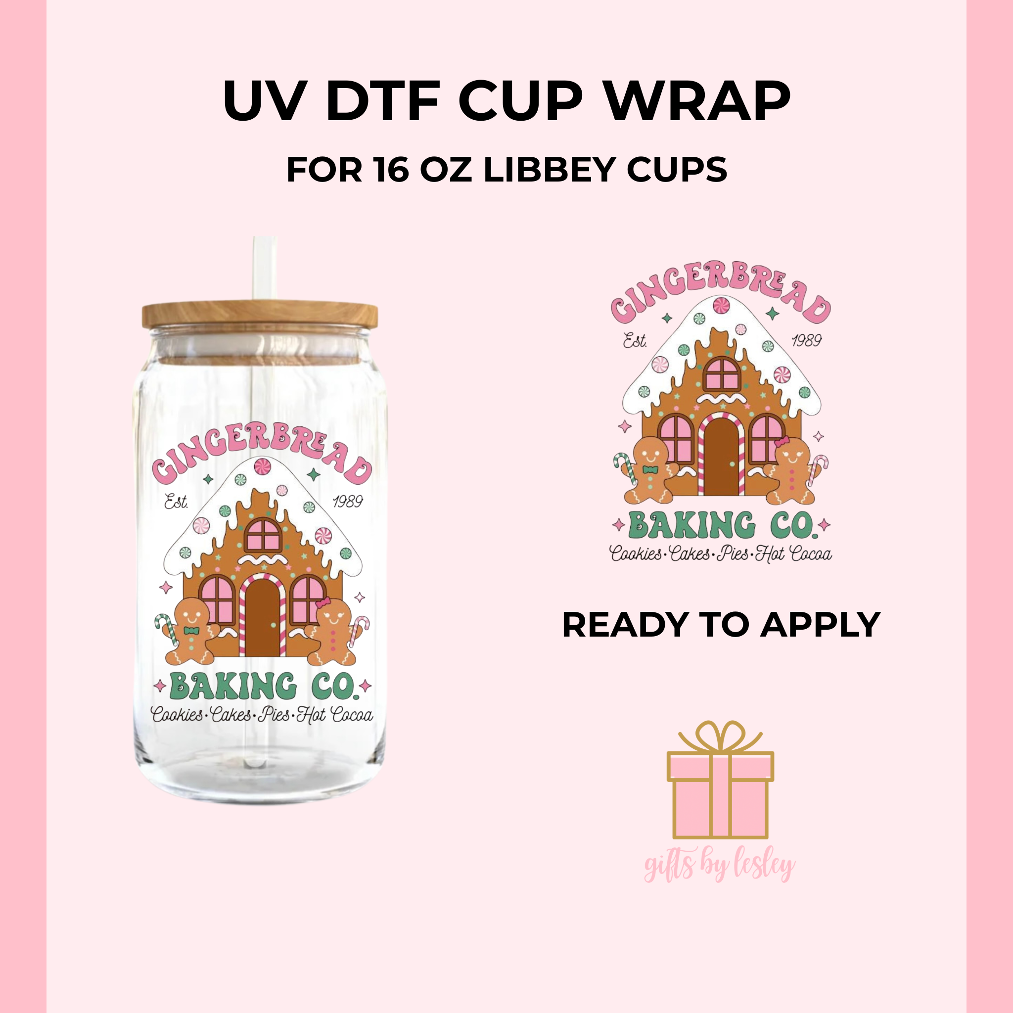 Gingerbread Baking Christmas UV DTF Decal– Ready to Apply Decal for 16oz Libbey Glass Cans | Holiday Cup Decal (Decal Only)