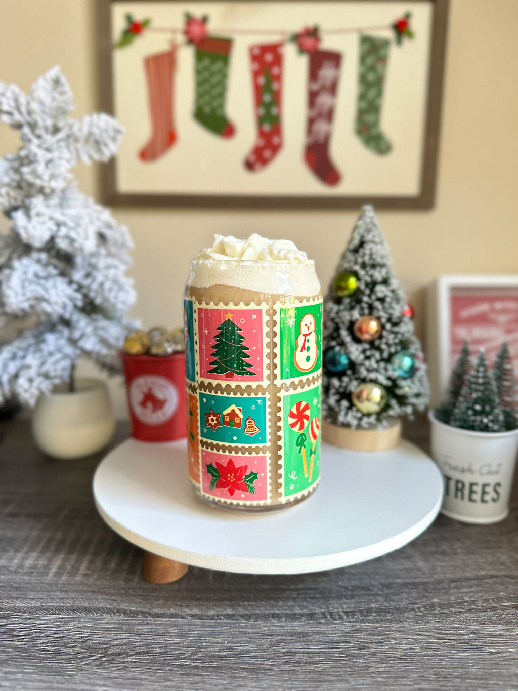 Stamps Christmas Libbey Glass Can Cups – 16oz Holiday Glass | Iced Coffee Cup Gift