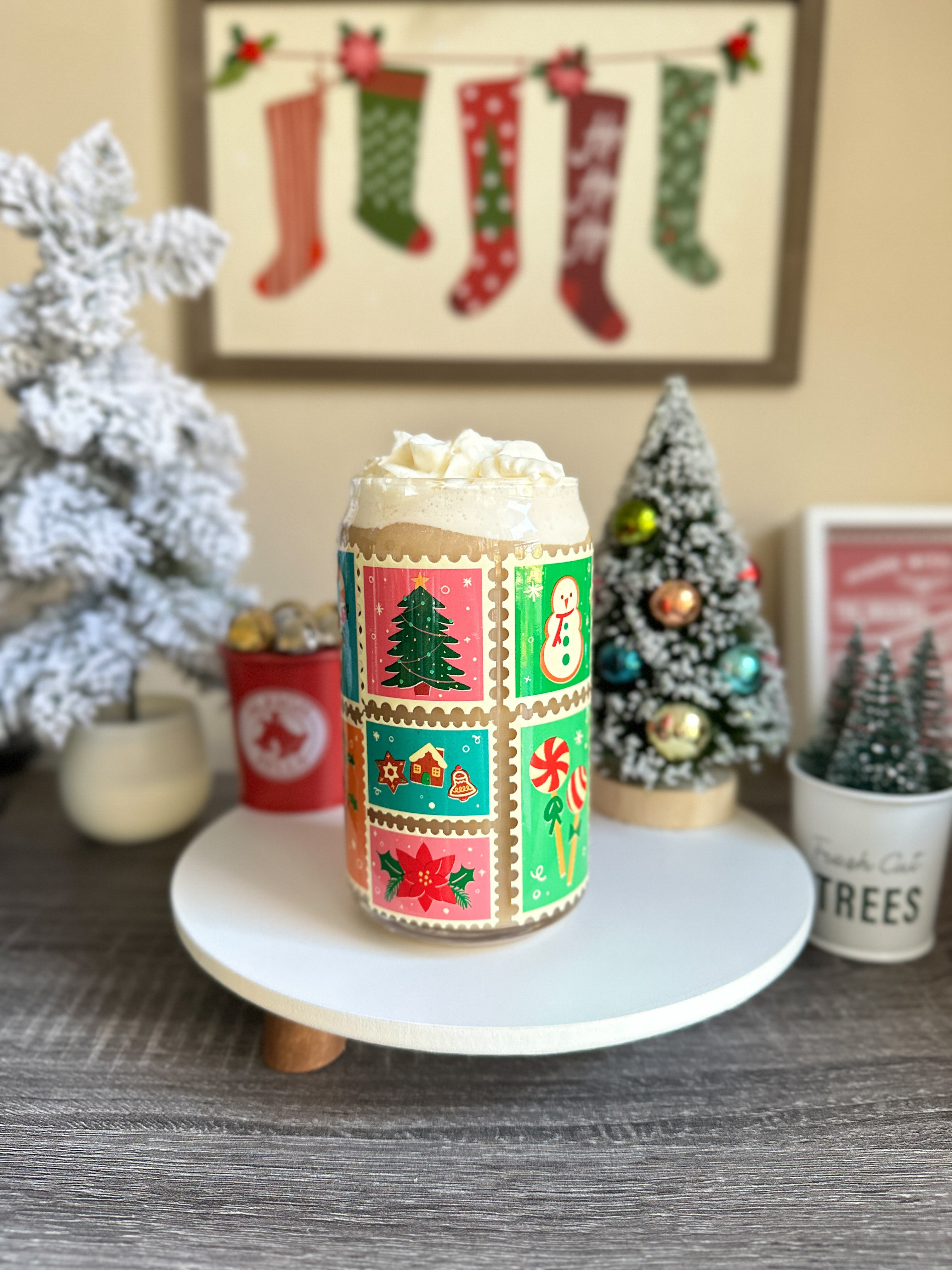 Stamps Christmas Libbey Glass Can Cups – 16oz Holiday Glass | Iced Coffee Cup Gift