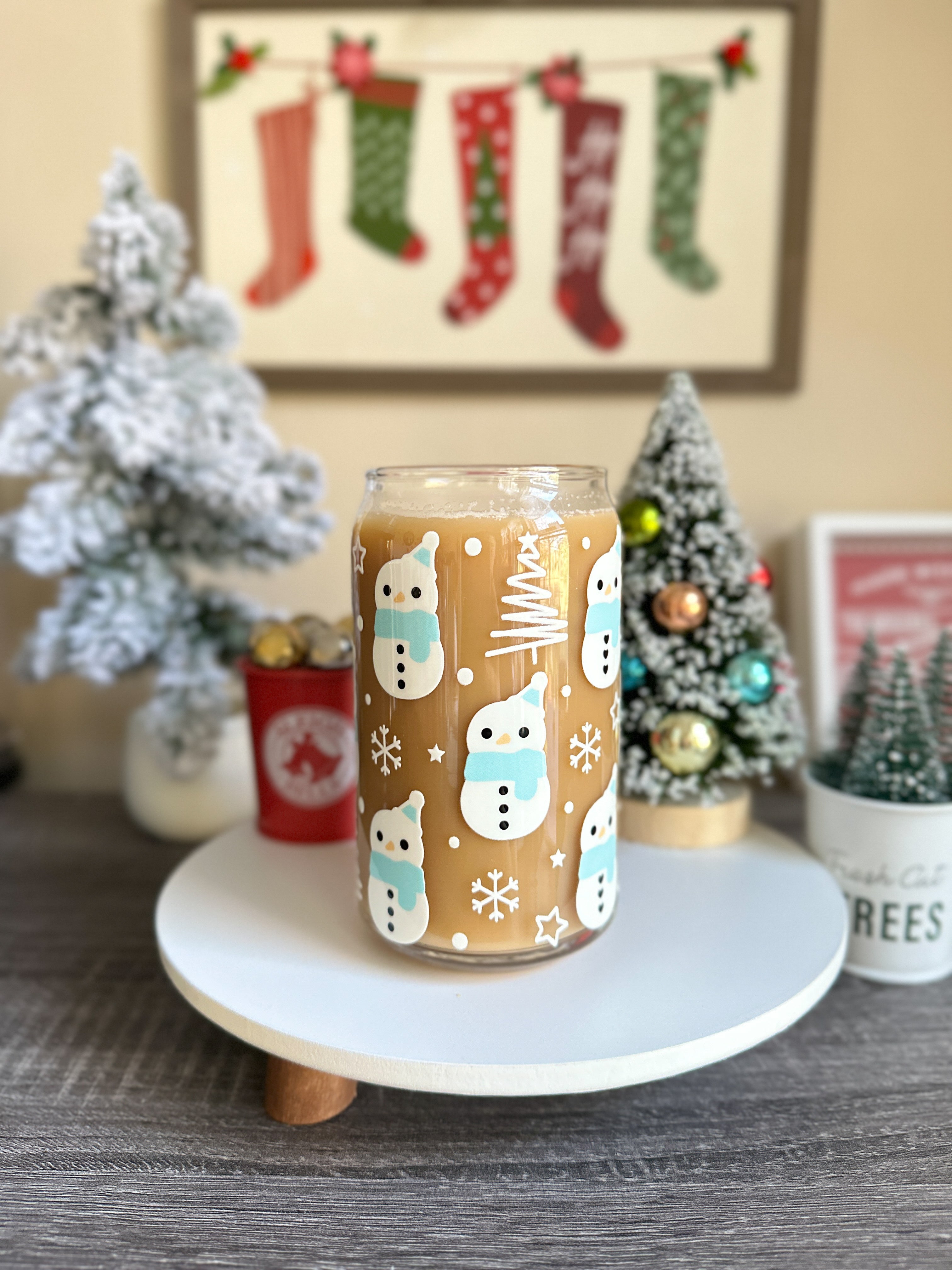 Blue Snowman Christmas Libbey Glass Can Cups – 16oz Holiday Glass | Iced Coffee Cup Gift