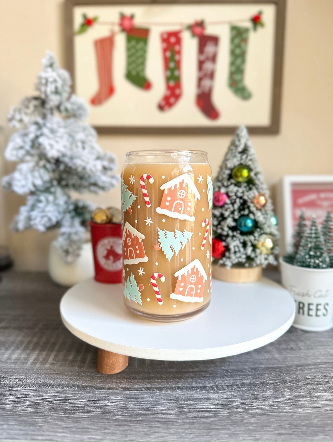 Gingerbread Trees Christmas Libbey Glass Can Cup – 16oz & 20oz Holiday Glass | Iced Coffee Cup GIft