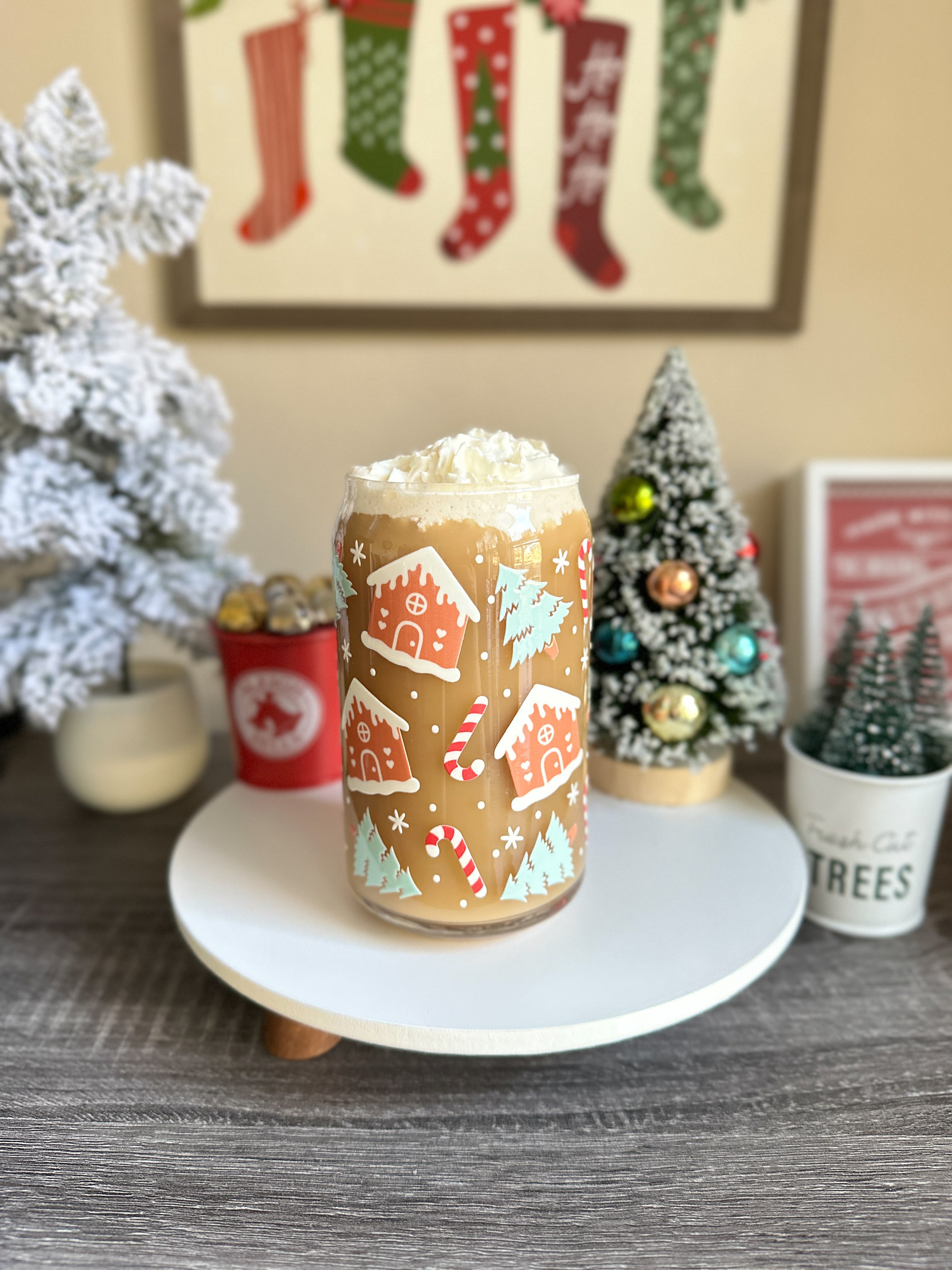 Gingerbread Trees Christmas Libbey Glass Can Cup – 16oz & 20oz Holiday Glass | Iced Coffee Cup GIft
