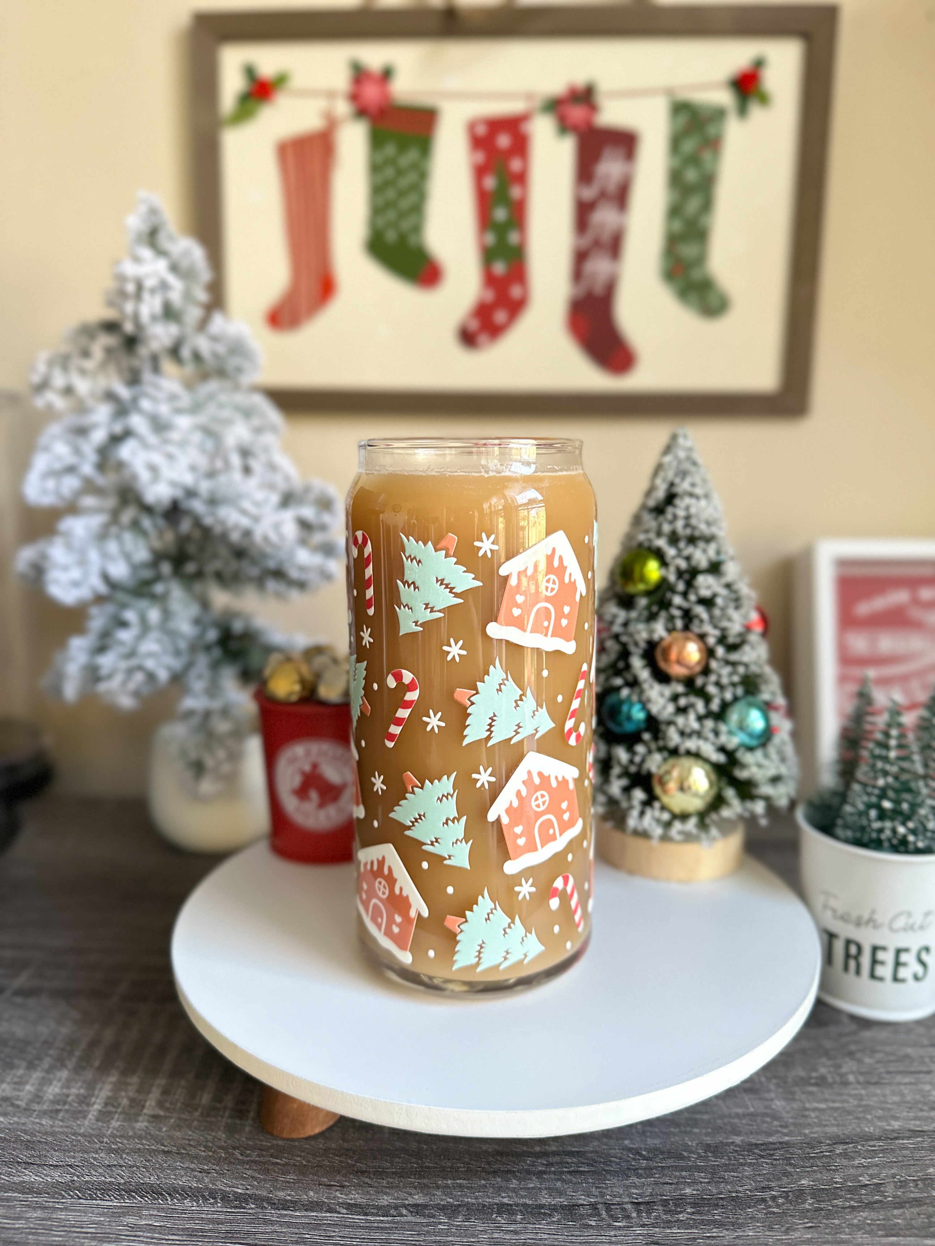 Gingerbread Trees Christmas Libbey Glass Can Cup – 16oz & 20oz Holiday Glass | Iced Coffee Cup GIft