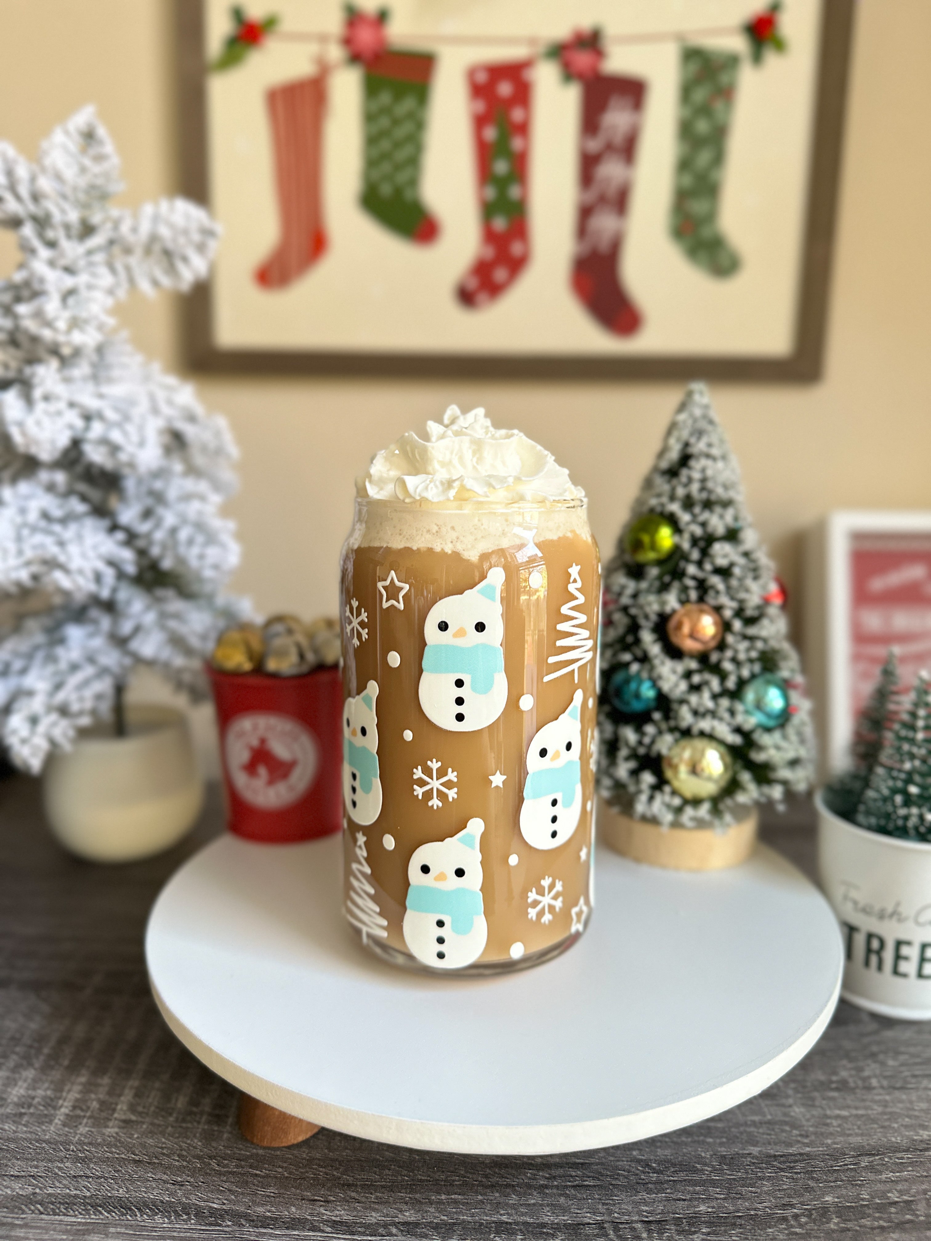 Blue Snowman Christmas Libbey Glass Can Cups – 16oz Holiday Glass | Iced Coffee Cup Gift