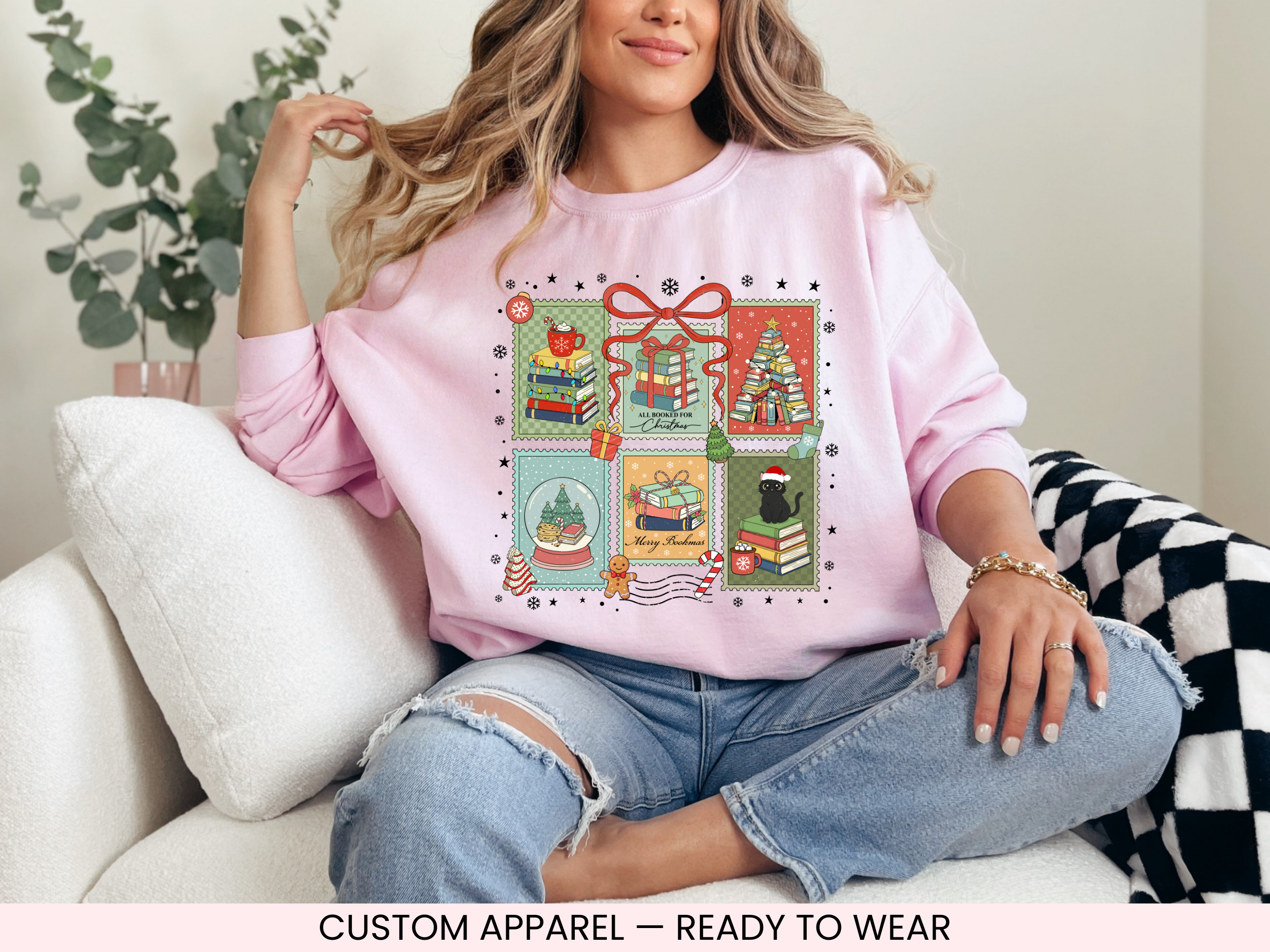 Merry Bookmas Christmas Graphic Sweatshirt | Unisex Christmas Crewneck Sweatshirt