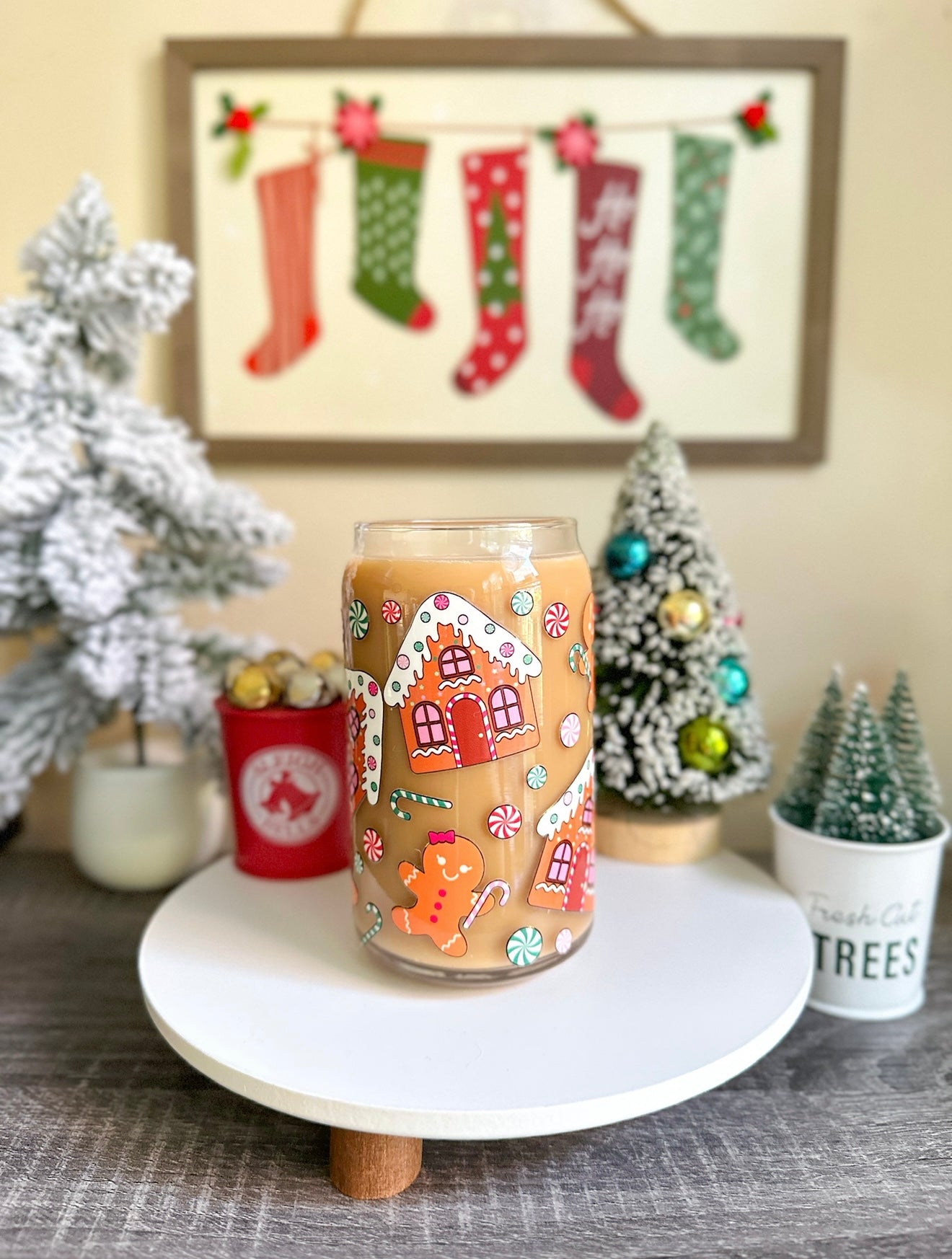 Gingerbread Christmas Libbey Glass Can Cups – 16oz Holiday Glass | Iced Coffee Cup Gift
